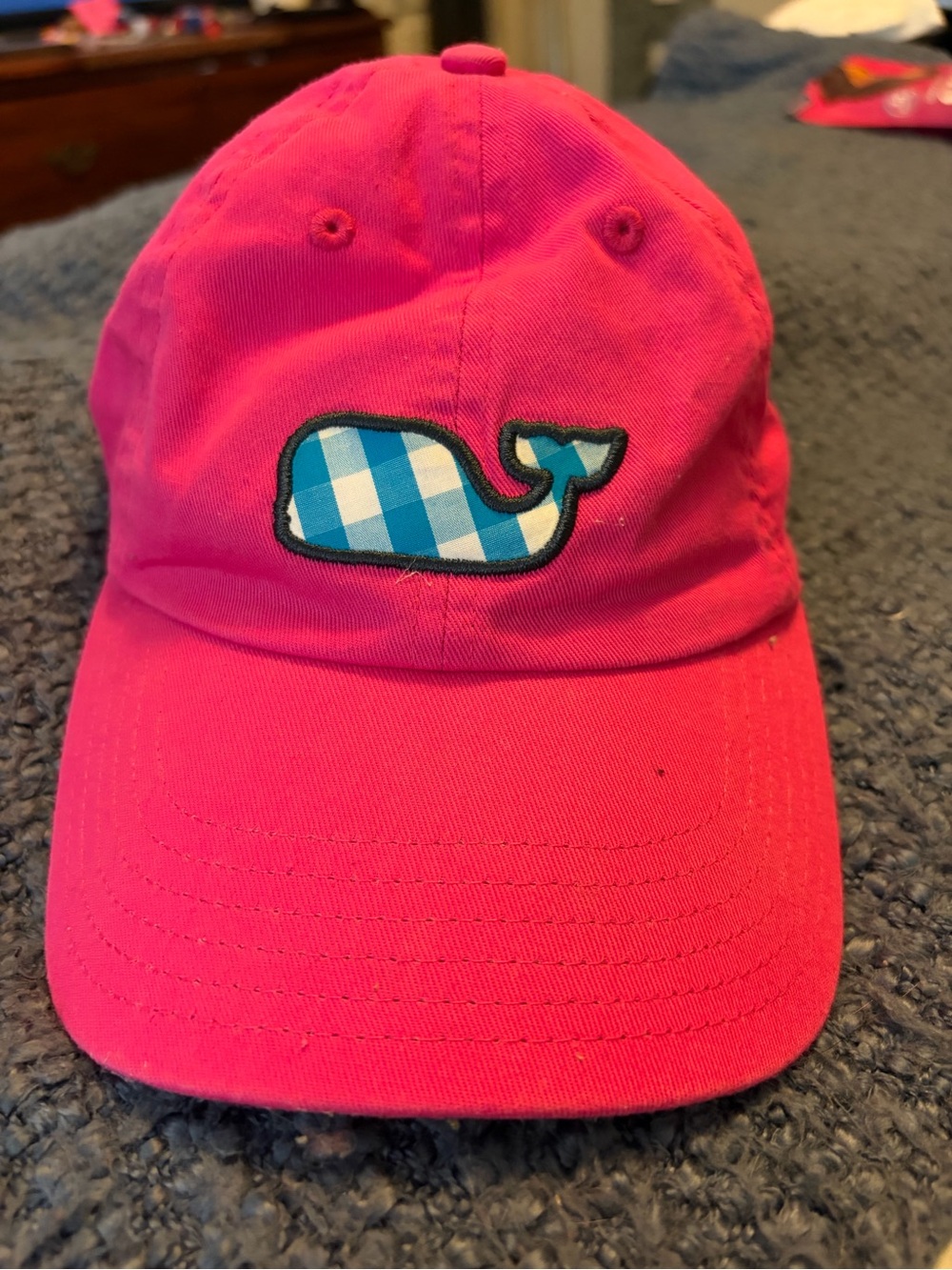 Vineyard Vines Kids Hot Pink Cap with Blue Gingham Whale